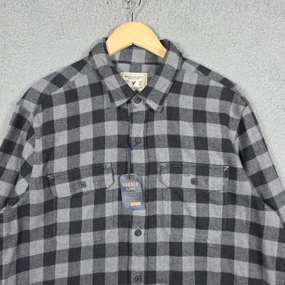 American Eagle Flannel Shirt Mens Size Large nGray Black Plaid Brushed Rugged NW - Picture 2 of 11